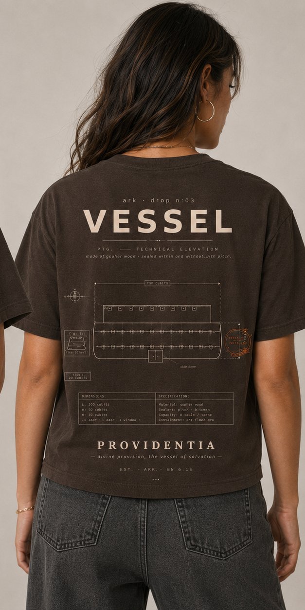 Modelo feminina vestindo a camiseta VESSEL marrom, costas